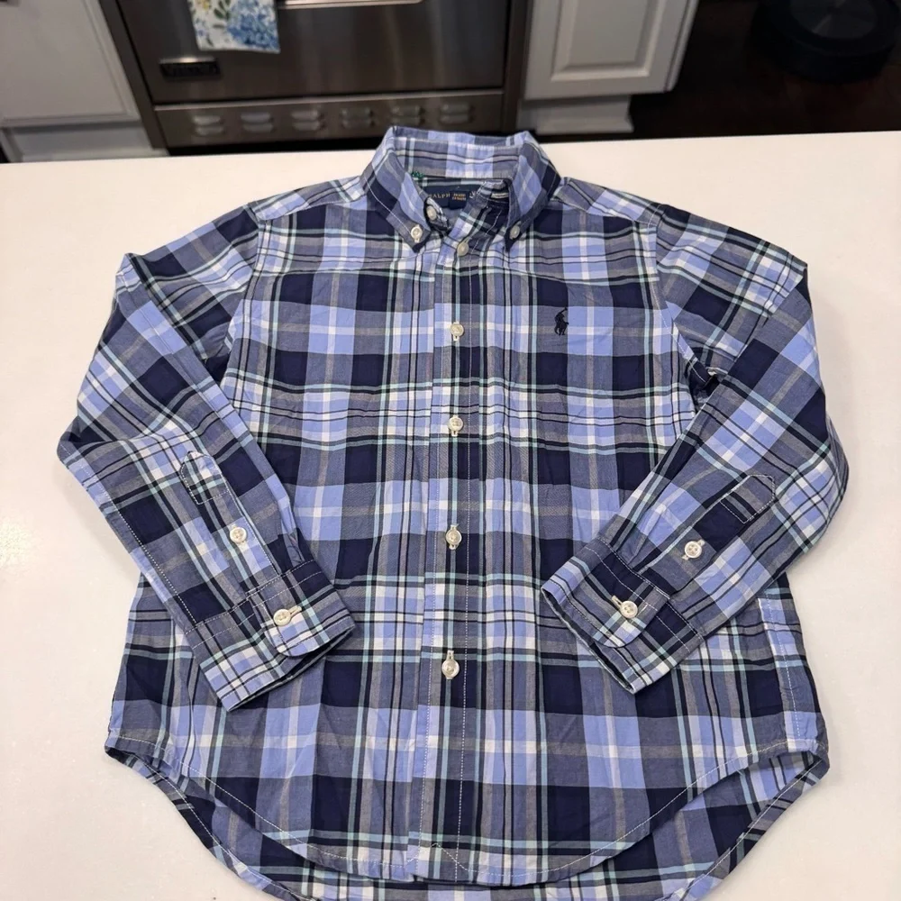 Ralph Lauren Boys 2 Pcs Set Navy Chinos & Blue Button Down Plaid Shirt Size 5